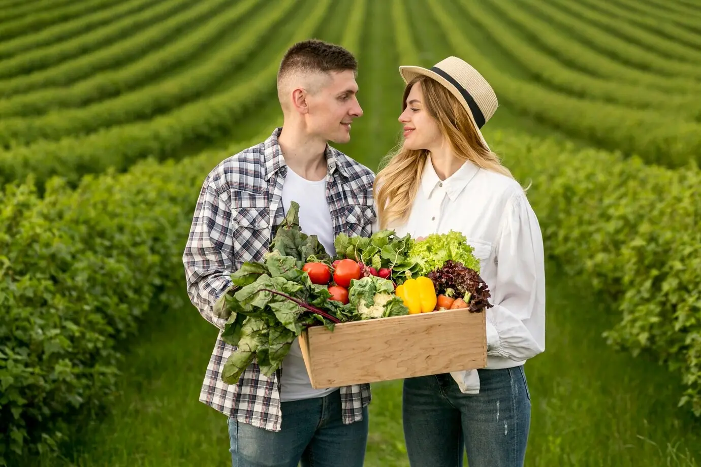 Pareja llevando una cesta de verduras